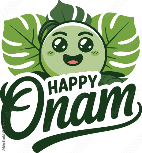 Happy Onam Leaf Cartoon Character Typography Festive Kerala Design