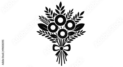 Vector illustration of stylized floral bouquet icon with wheat stalks and circular flower heads