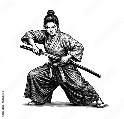 Vintage Female Samurai Warrior in Traditional Kimono Drawing Katana Illustration - Black and White Line Art, engraving vector illustration. Scratch board imitation