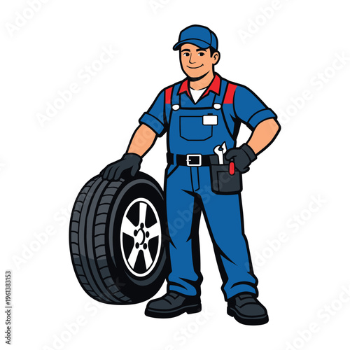 Friendly auto mechanic in blue overalls and tool belt presenting a car tire, ready for vehicle maintenance and service