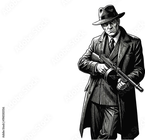 Vintage Classic 1920s Prohibition Era Gangster with Tommy Gun Illustration - Black and White Line Art, engraving vector illustration. Scratch board imitation