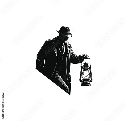 Mysterious Film Noir Detective with Lantern in Shadows Illustration - Black and White Line Art, engraving vector illustration. Scratch board imitation