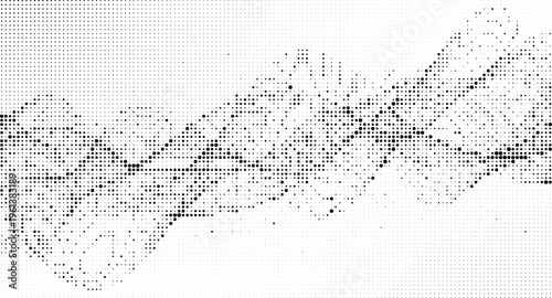 Abstract halftone dot pattern with dark gray and black dots creating a dynamic wavy flow, full frame texture.