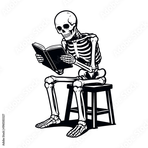 Skeleton sitting on a stool and reading a book, representing eternal knowledge, education, learning, and studying