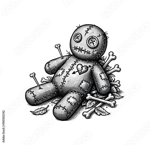 Vintage Stitched Voodoo Doll with Pins and Broken Heart Symbol Illustration - Black and White Line Art, engraving vector illustration. Scratch board imitation