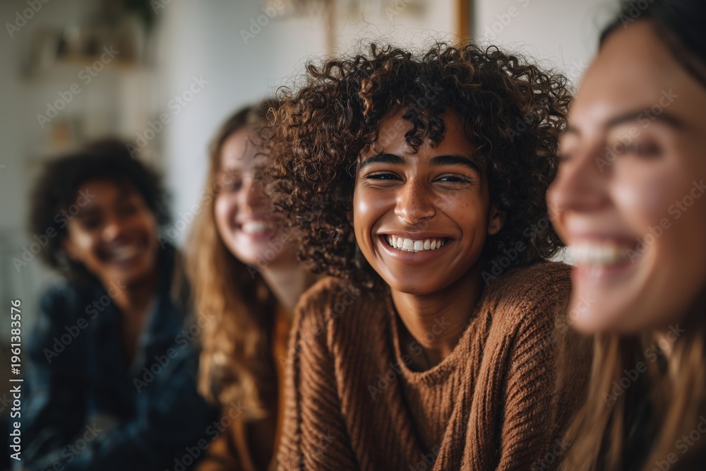 Fototapeta premium Group of happy diverse friends laughing together at home