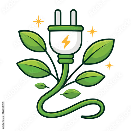 Power plug transforming into a lush plant with green leaves, symbolizing renewable energy, ecological sustainability, and clean electricity