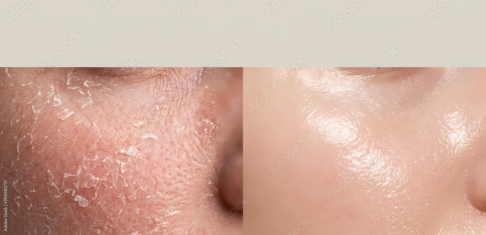 Fototapeta premium Macro split-screen concept photography comparing dry flaky and smooth plump skin.