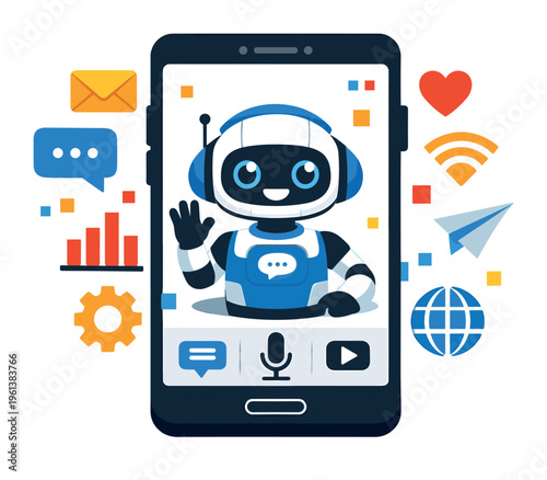 AI chatbot emerging from a phone displaying various communication and technology icons, representing virtual assistant and digital support