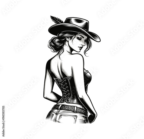 Vintage Stylish Cowgirl Portrait with Hat Illustration - Black and White Line Art, engraving vector illustration. Scratch board imitation