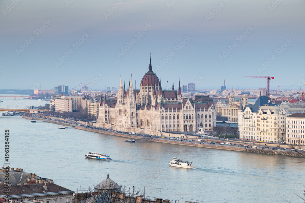 Fototapeta premium panorama view at the parliament with Danube river in Budapest