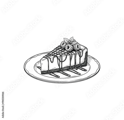 Vintage Delicious Cake Slice with Chocolate Drizzle and Berries Illustration - Black and White Line Art, engraving vector illustration. Scratch board imitation
