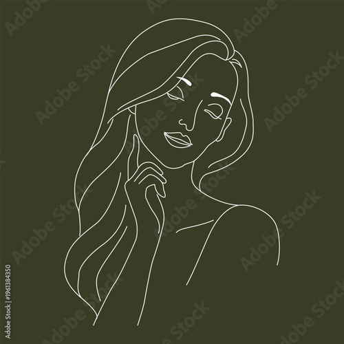 Minimalist white line art illustration of a woman gently touching her face against a dark olive background for skincare wellness.