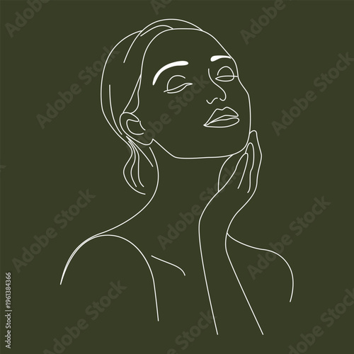 Minimalist white line art illustration of a woman gently touching her face against a dark olive background for skincare wellness.
