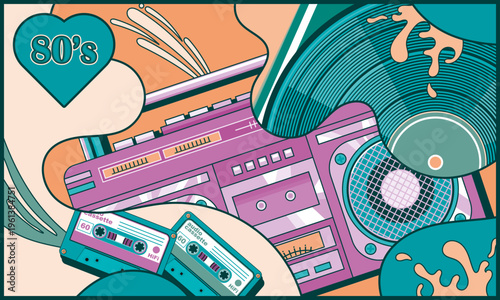 Сollage, flyer or poster featuring a cassette player, audio cassettes, vinyl record and other elements of the musical culture of the 80s-90s. Vector illustration