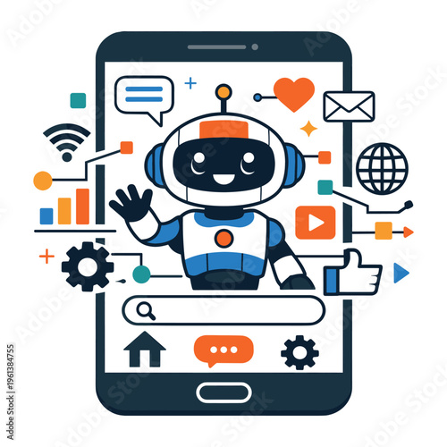 Friendly chatbot displaying on a mobile phone screen, offering AI assistance and automation for online communication and modern technology
