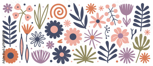 Assorted floral and leaf shapes in muted colors leaves