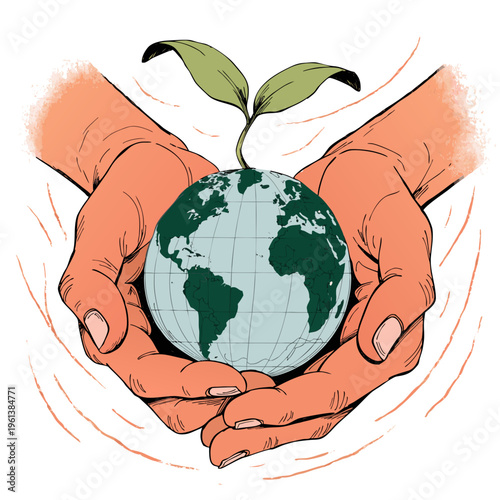 Hands holding a globe with a small green plant sprout growing on top, environmental protection and sustainability concept