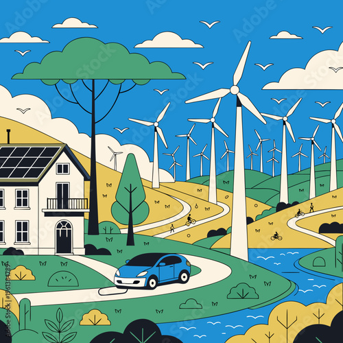 Sustainable ecofriendly landscape with wind turbines, solar panels on house roof, and electric car in green nature
