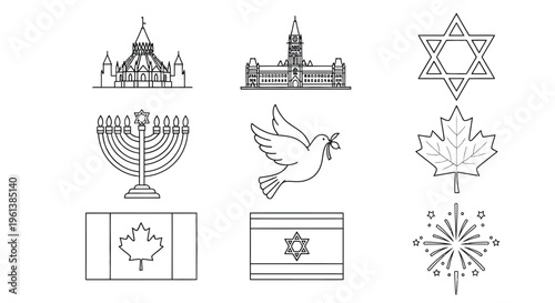Line art icons representing Canada and Israel including flags and cultural symbols