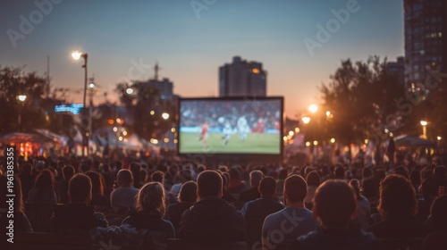 Large crowd watching football game on outdoor big screen during sunset