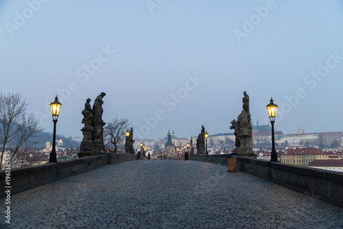 charles Bridge in Prague  Czech Republic at sunrise with historic statues