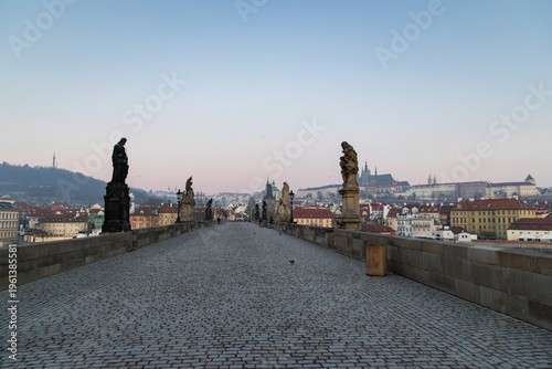 charles Bridge in Prague  Czech Republic at sunrise with historic statues