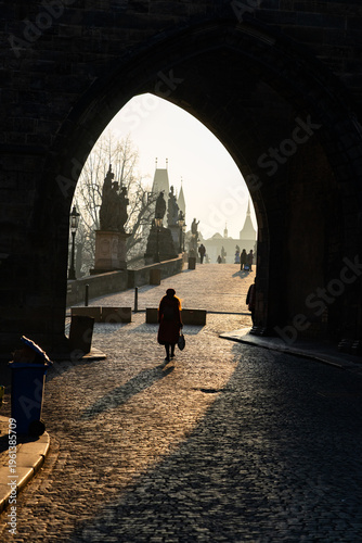 charles Bridge in Prague  Czech Republic at sunrise with historic statues
