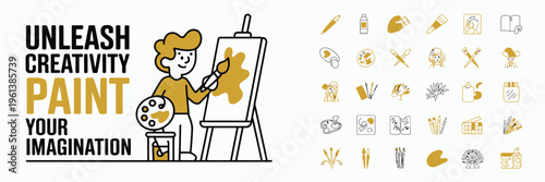 A cartoon artist painting on an easel with various art supplies and icons around them.