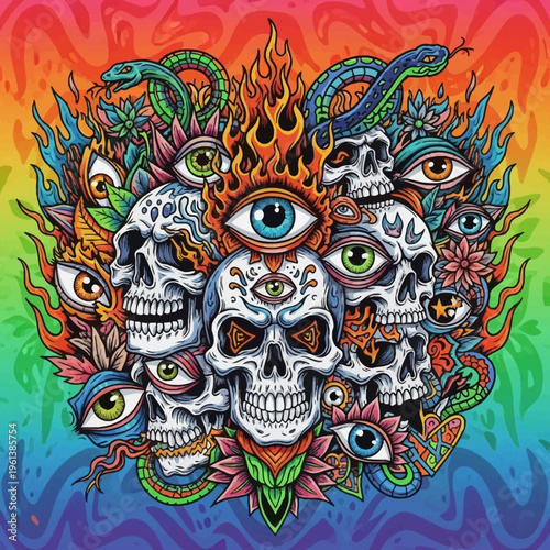 Psychedelic Art Illustration of Skulls with Multiple Eyes, Snakes, Flowers and Flames on a Vibrant Rainbow Background