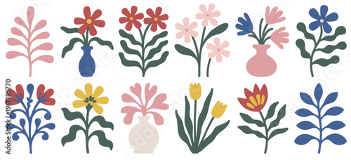 Collection of stylized flowers and plants in various colors