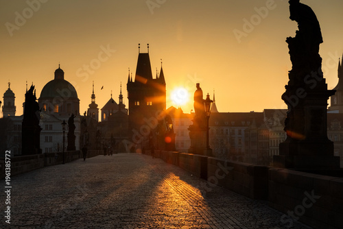charles Bridge in Prague  Czech Republic at sunrise with historic statues