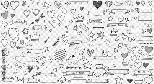 Hand-Drawn Doodle Elements Collection Including Hearts, Stars, Arrows, Banners and Crowns on Transparent Background