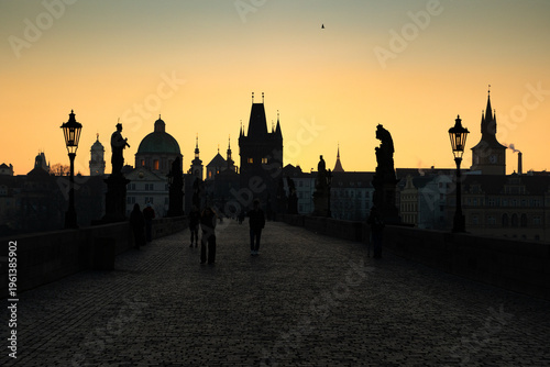 charles Bridge in Prague  Czech Republic at sunrise with historic statues