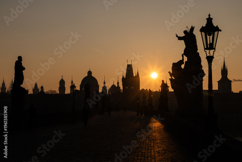 charles Bridge in Prague  Czech Republic at sunrise with historic statues