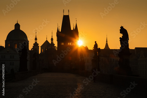 charles Bridge in Prague  Czech Republic at sunrise with historic statues