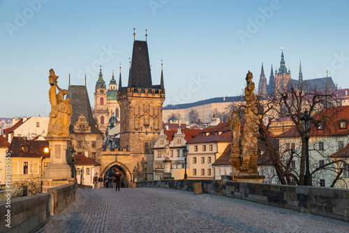 charles Bridge in Prague  Czech Republic at sunrise with historic statues