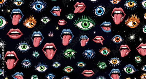 Pop art style seamless pattern with colorful eyes, lips, and tongues on a dark background.