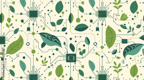 A calming graphic illustration of green leaves and circuit elements on a cream background, conveying growth and innovation.
