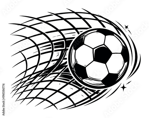 Soccer ball impacting goal net, creating motion effect. Representing goals, victory, competition, and game winning moments