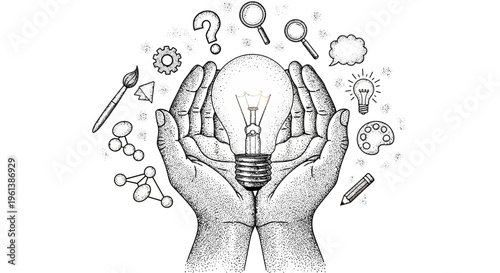 Human hands holding a glowing lightbulb surrounded by sketched icons representing ideas, creativity, and problem-solving on an isolated white background.