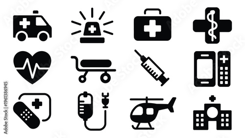 Medical emergency icon set, ambulance, hospital building, healthcare and first aid symbols in black silhouette, urgent medical services and safety concept, minimal vector design isolated on white.