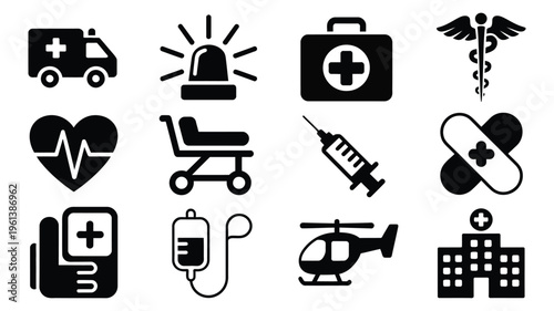 Medical emergency icon set, including ambulance, hospital, and healthcare symbols in black silhouette, urgent care and first aid concept, minimal flat design,
