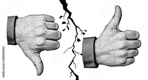 Pop art style hand giving a thumbs up gesture against a background with a cracking effect.