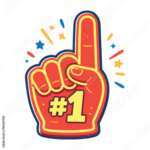 Red foam finger with a yellow number one icon, surrounded by confetti and stars. Representing winning, support, and celebration