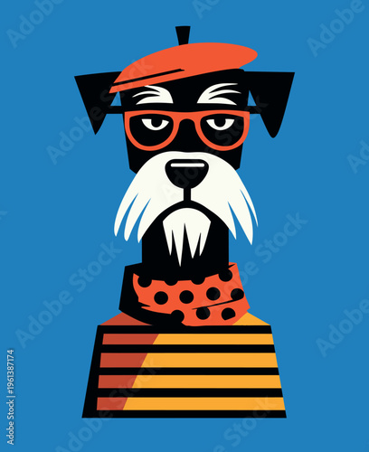 Stylish Schnauzer Dog Character with Red Beret Glasses and Striped Shirt Illustration for Design