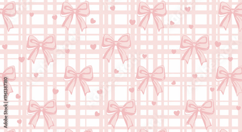 Seamless decorative pattern featuring delicate pink bows and small hearts on a soft pink plaid background, perfect for feminine design.