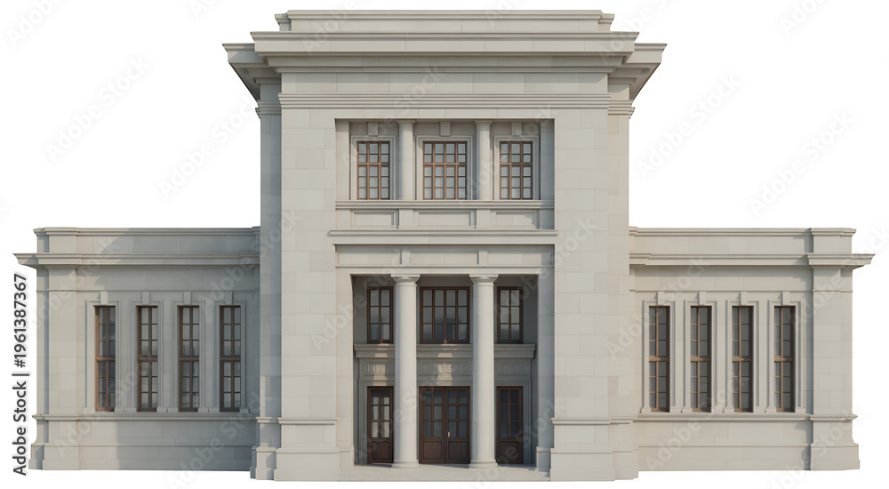 Fototapeta premium White stone building with large windows and columns isolated on a transparent background