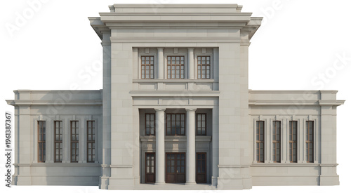 White stone building with large windows and columns isolated on a transparent background