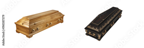 Wooden and metal coffins with gold accents caskets isolated on a transparent background